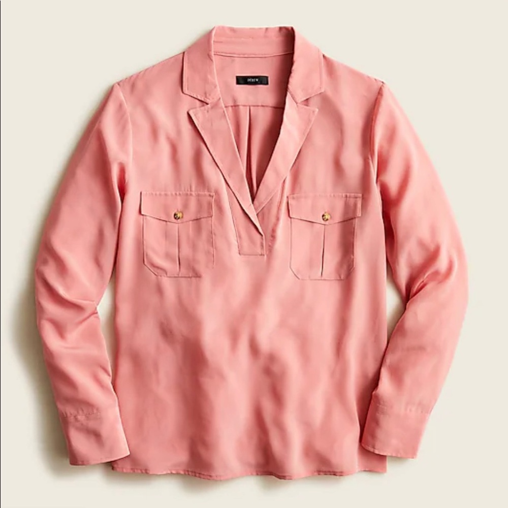 J.Crew Silk Patch Pocket Popover Shirt Blouse Warm Rose Coral Small S